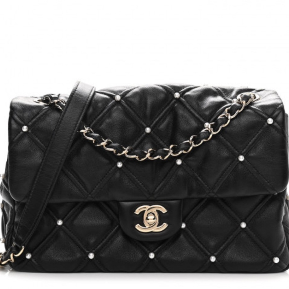 Chanel Black Quilted Shoulder Bag with Pearl Accents